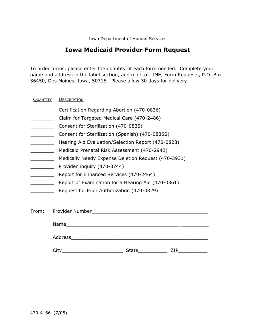 470-4166 Iowa Medicaid Provider Form Request
