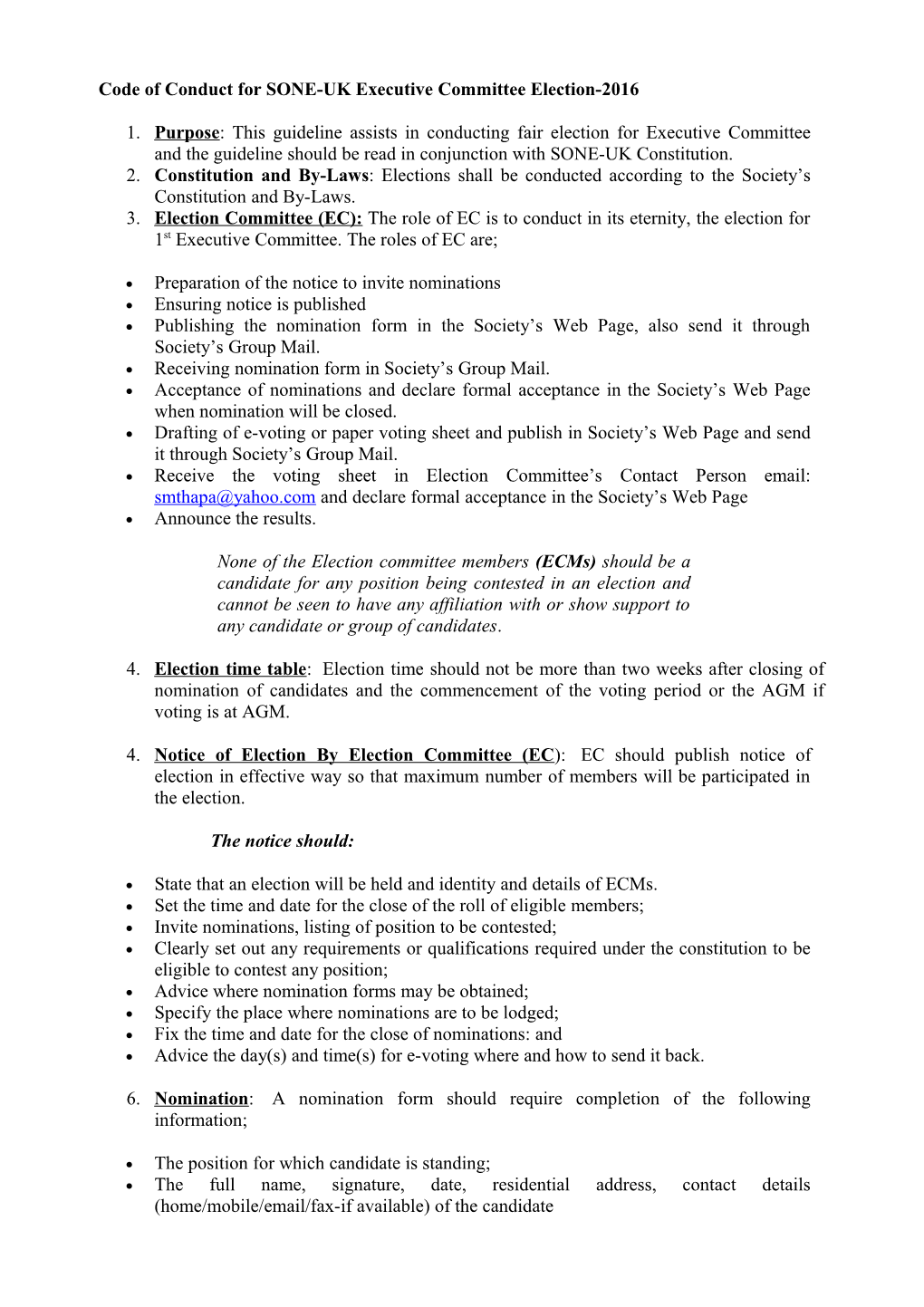 Code of Conduct for SNHSM Executive Committee Election-2012