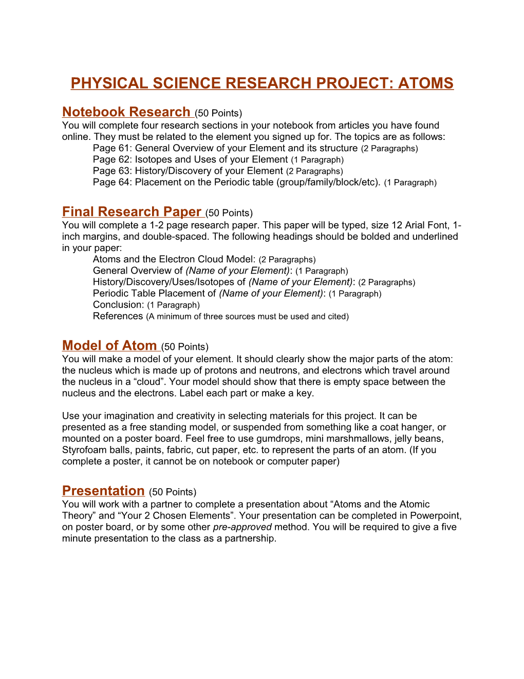 Physical Science Research Project: Atoms