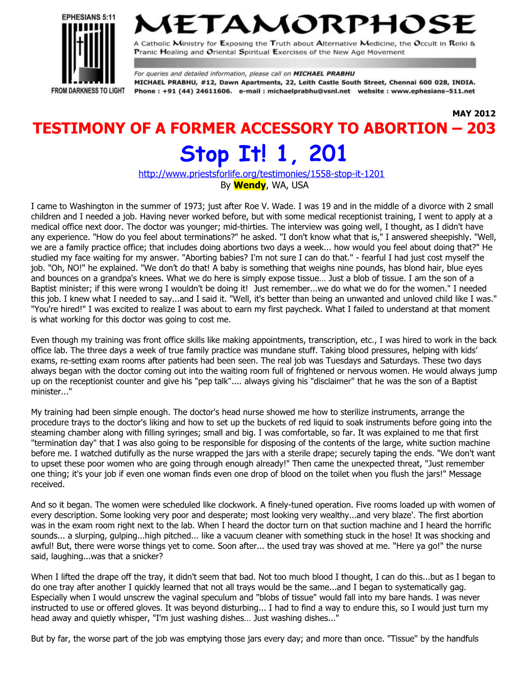 Testimony of a Formeraccessory to Abortion 203