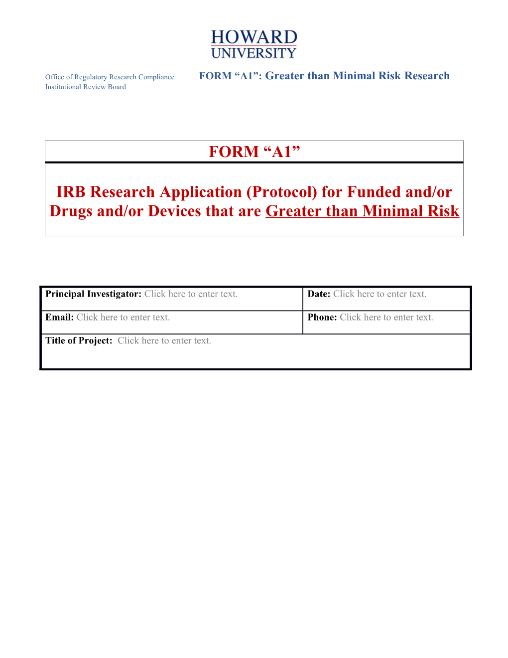Form A1 : IRB Application Greater Than Minimal Risk Research