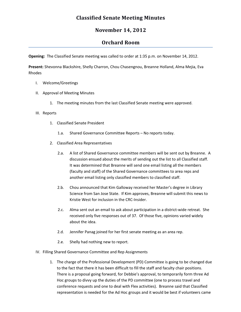 Classified Senate Meeting Minutes 11/14/12