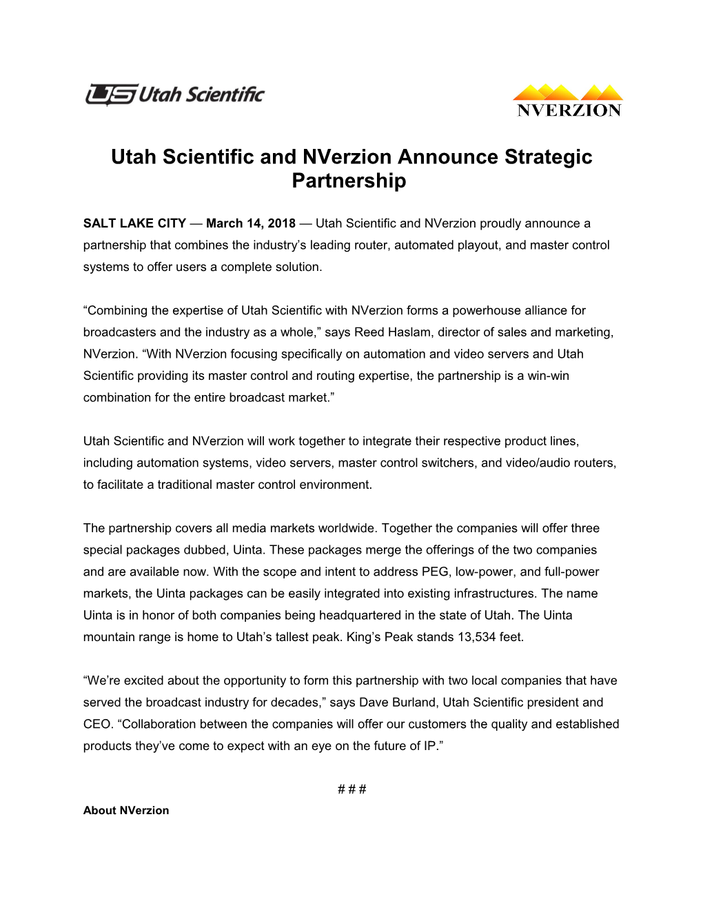 Utah Scientific and Nverzion Announce Strategic Partnership