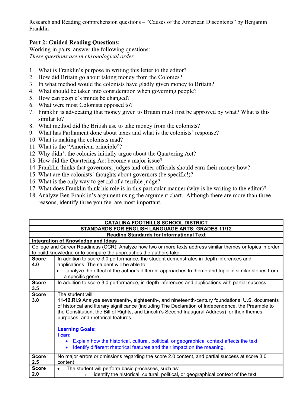 Research and Reading Comprehension Questions Causes of the American Discontents by Benjamin