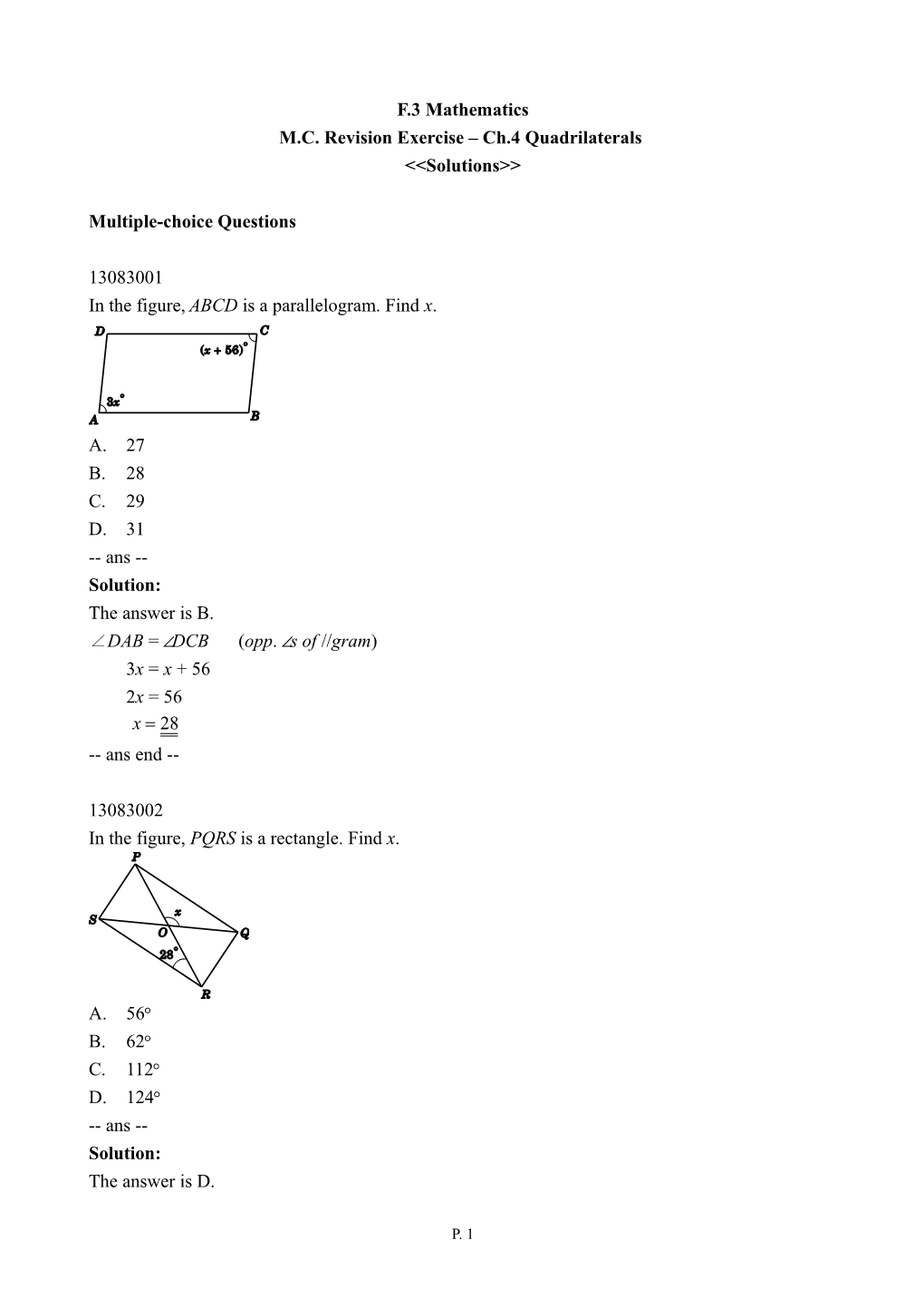 M.C. Revision Exercise Ch.4 Quadrilaterals