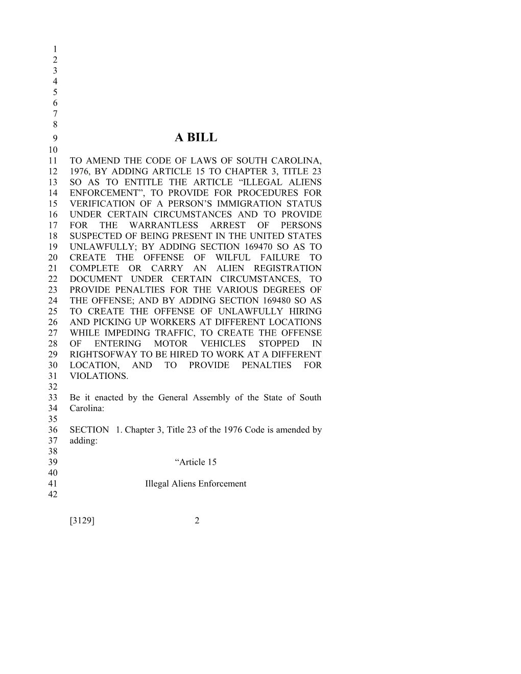 2011-2012 Bill 3129: Illegal Alien Enforcement - South Carolina Legislature Online