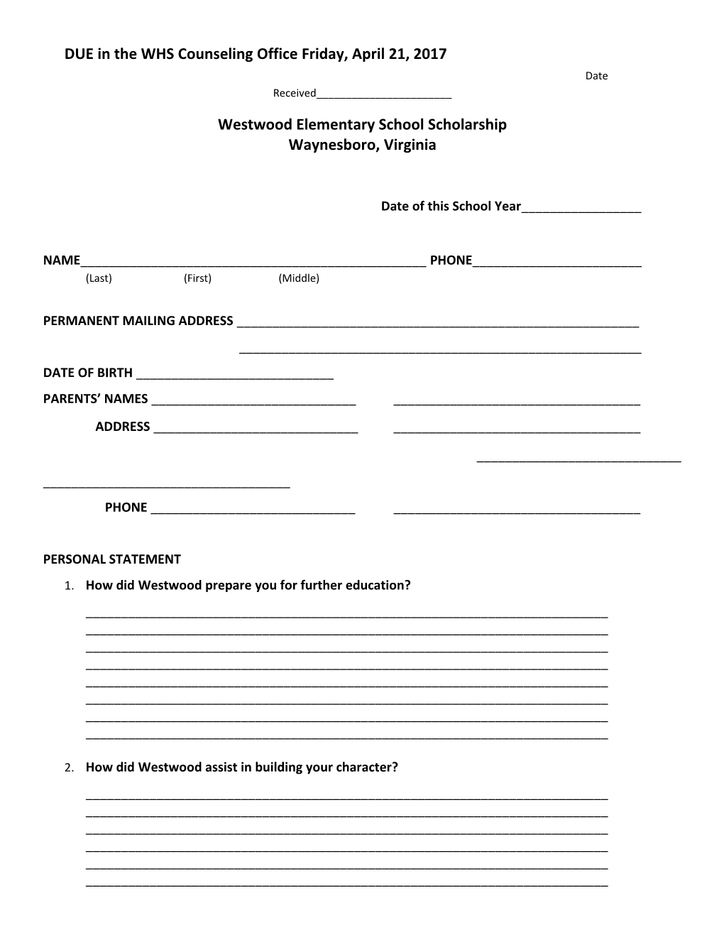 Westwood Elementary School Scholarship