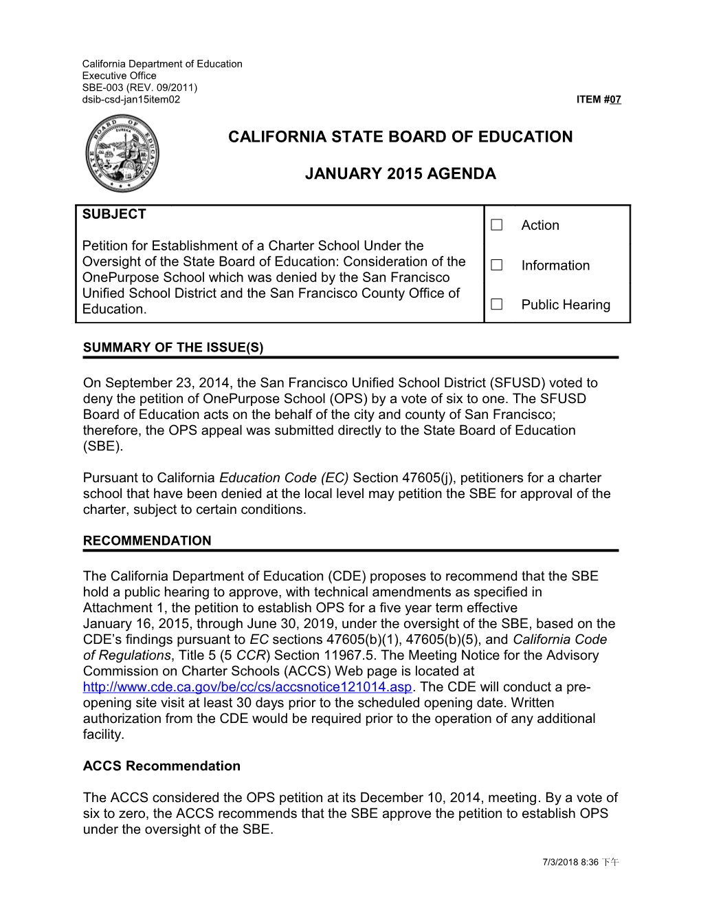 January 2015 Agenda Item 07 - Meeting Agendas (CA State Board of Education)