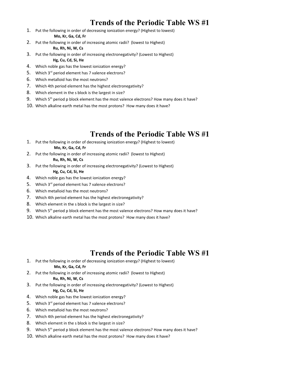 Trends of the Periodic Table WS #1