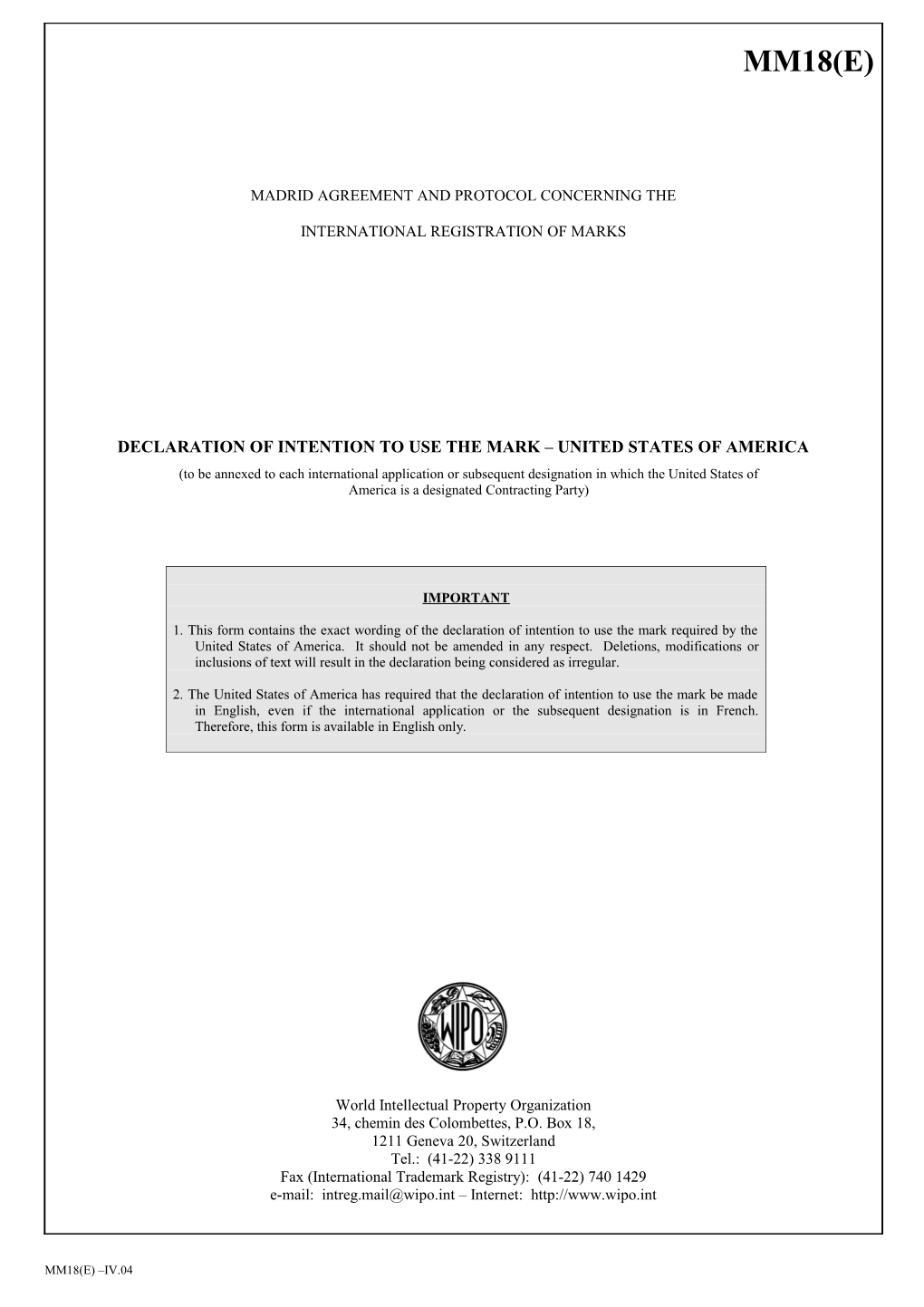 Form MM18 (Madrid Agreement Concerning the International Registration of Marks)