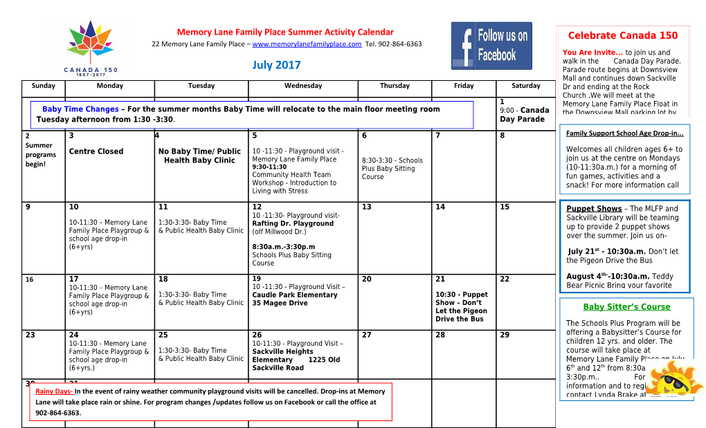 Memory Lane Family Place Summer Activity Calendar 22 Memory Lane Family Place Tel. 902-864-6363