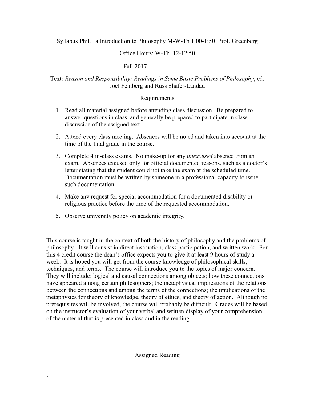 Syllabus Phil. 1A Introduction to Philosophy M-W-Th 1:00-1:50 Prof. Greenberg