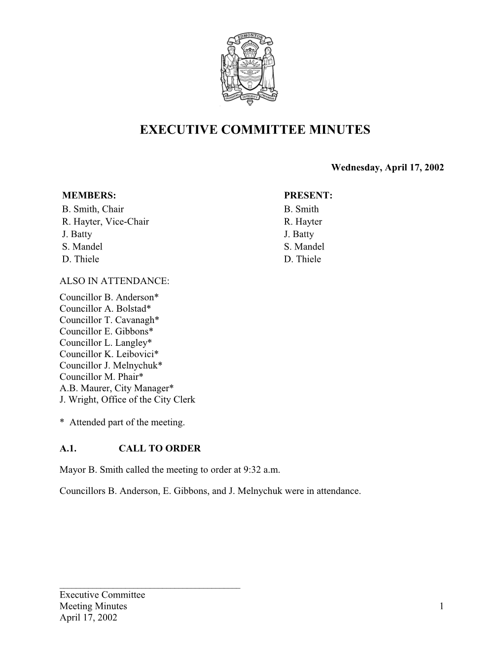 Minutes for Executive Committee April 17, 2002 Meeting