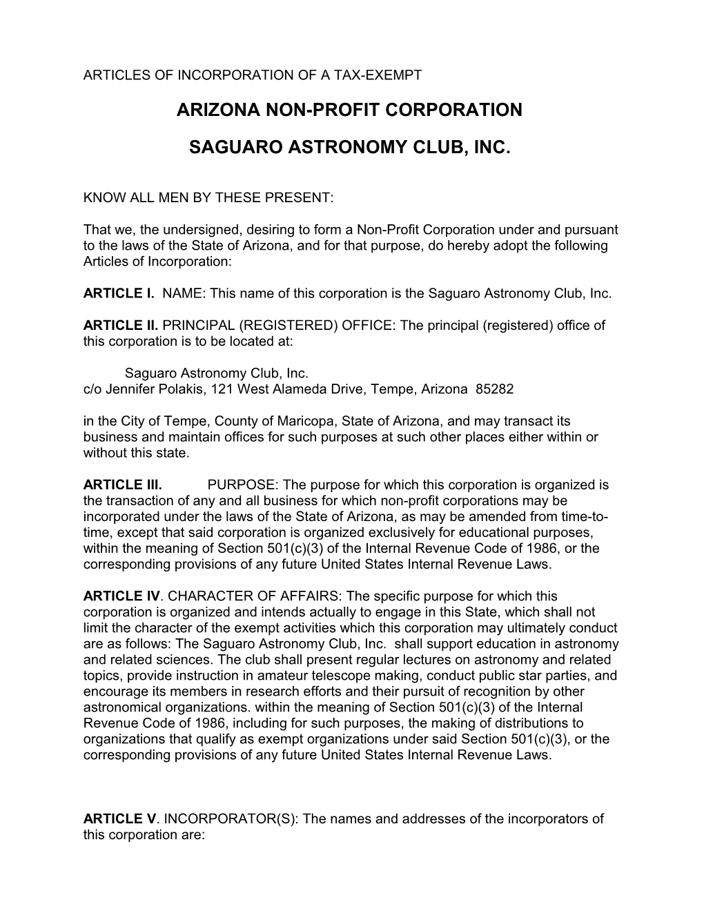CONSTITUTION of the Huachuca Astronomy Club