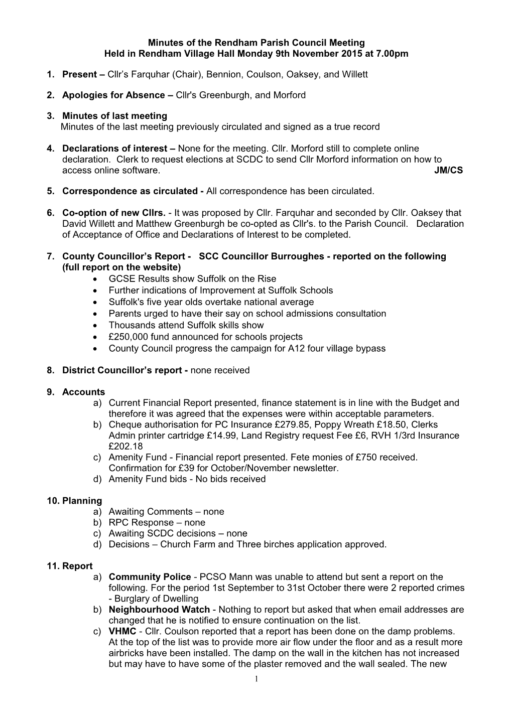 Minutes of the Rendham Parish Council Annual Meeting