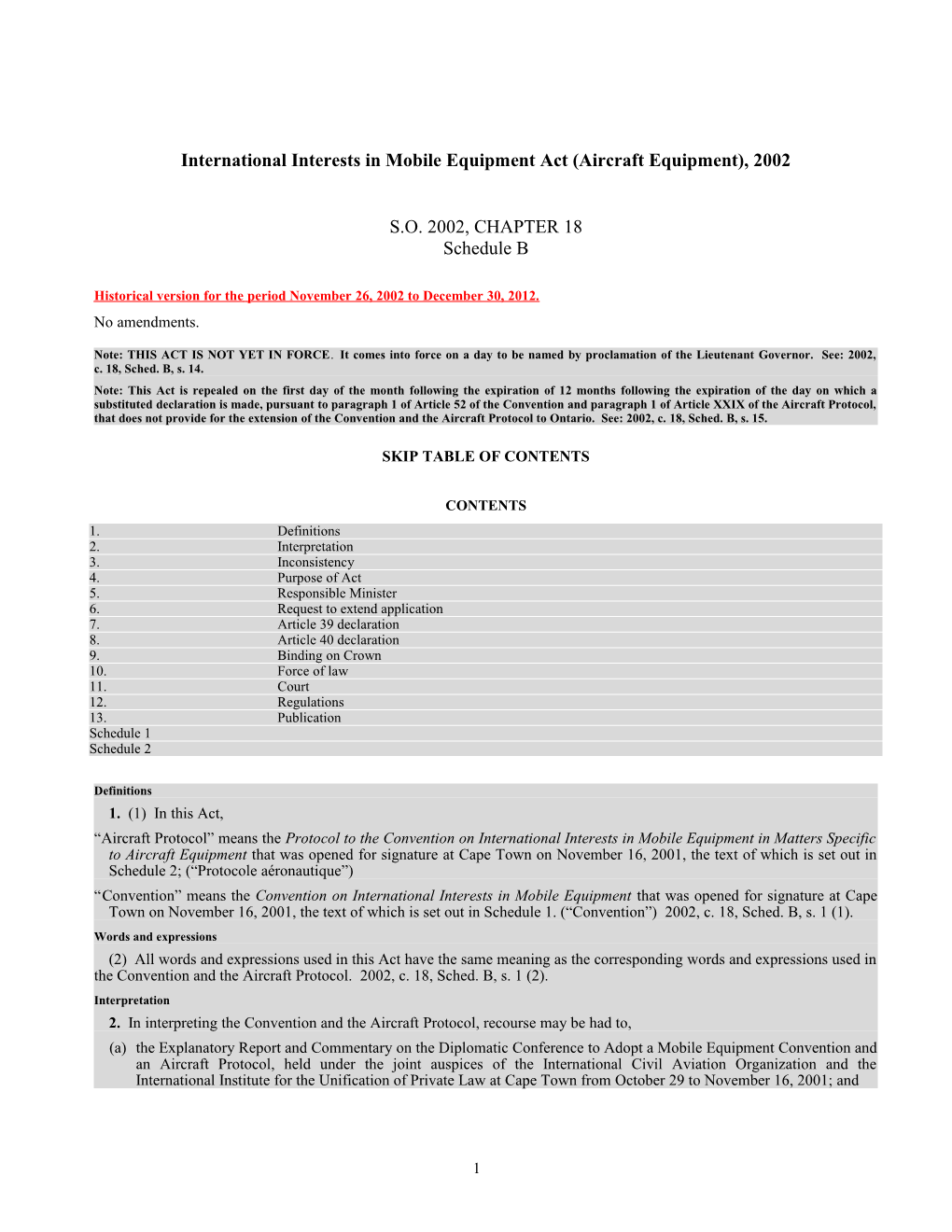 International Interests in Mobile Equipment Act (Aircraft Equipment), 2002, S.O. 2002