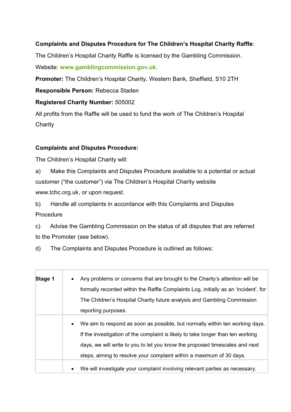 Complaints and Disputes Procedure for the Children S Hospital Charity Raffle