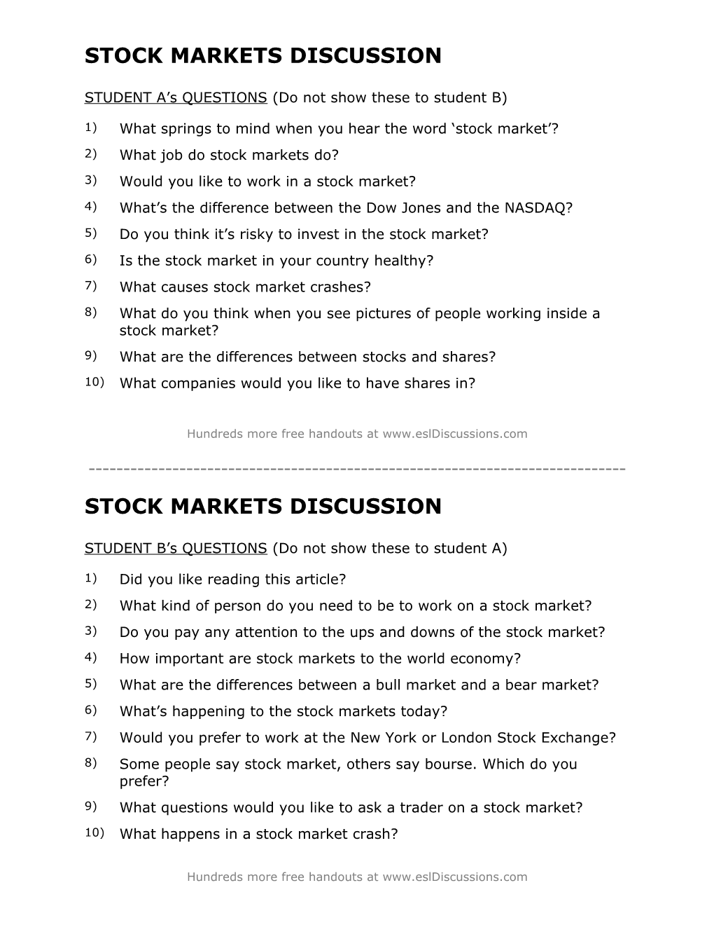 ESL Conversation Lesson on Stock Markets