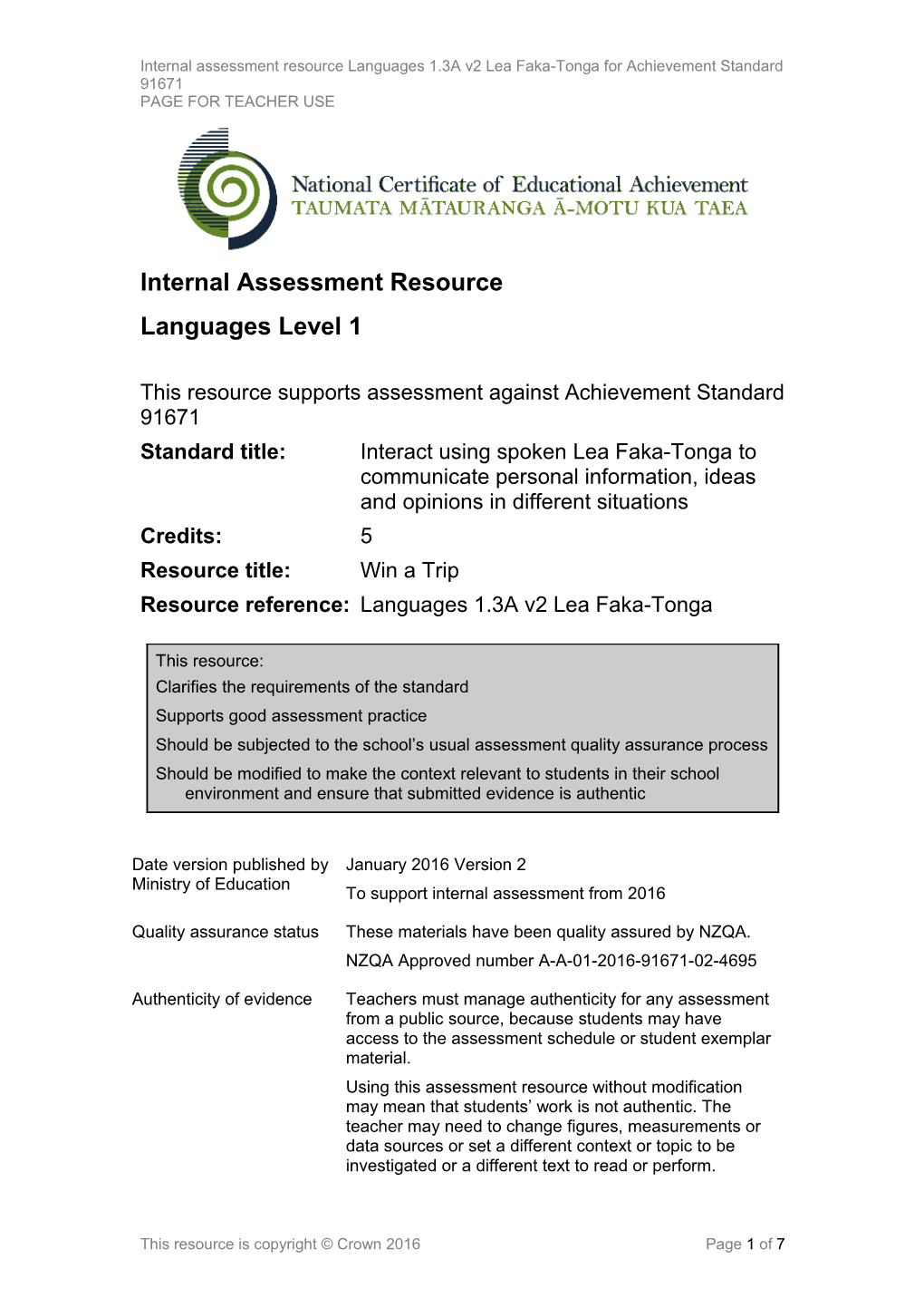 Level 1 Languages Internal Assessment Resource s2