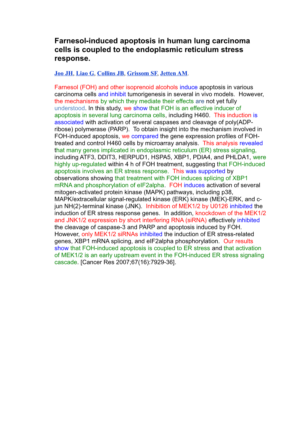 Farnesol-Induced Apoptosis in Human Lung Carcinoma Cells Is Coupled to the Endoplasmic