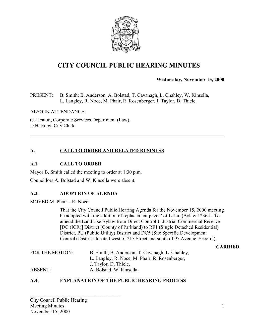 Minutes for City Council November 15, 2000 Meeting
