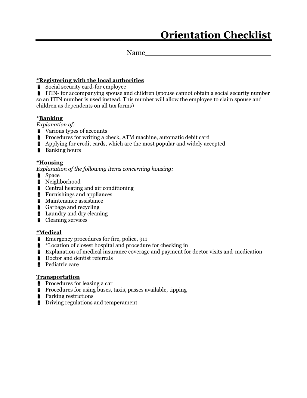 On-Site Orientation Checklist