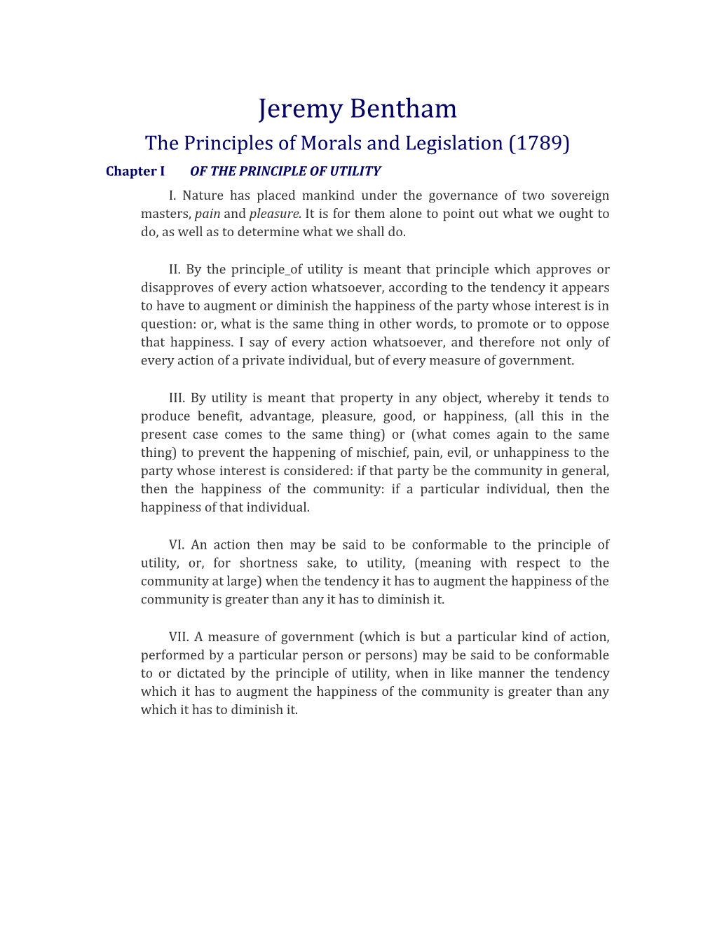 The Principles of Morals and Legislation (1789)