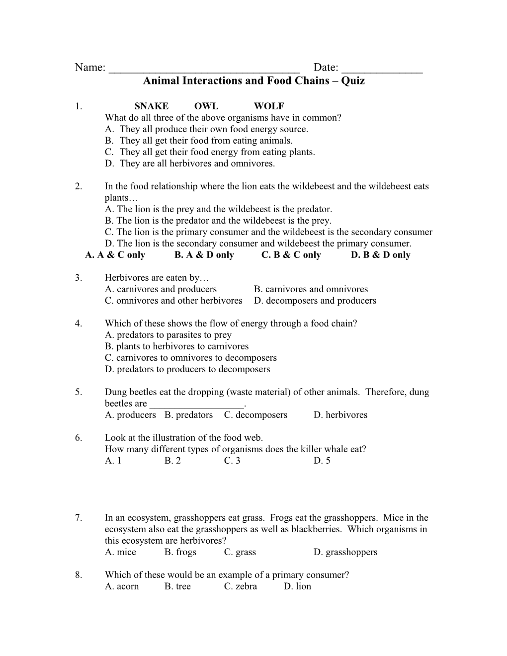 Animal Interactions and Food Chains Quiz