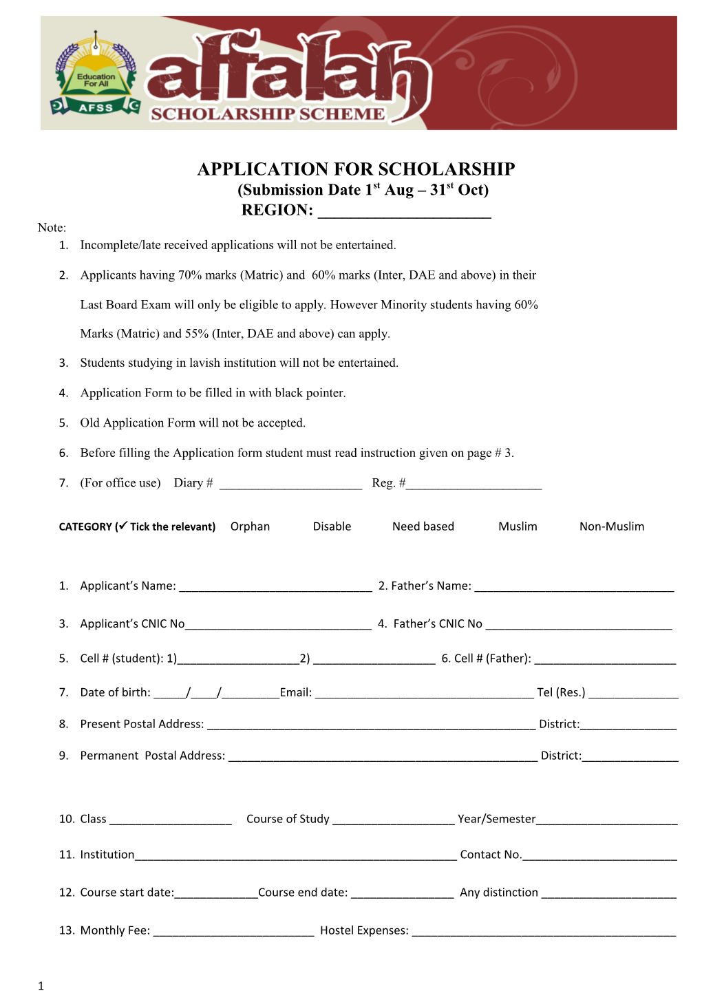 Application for Scholarship