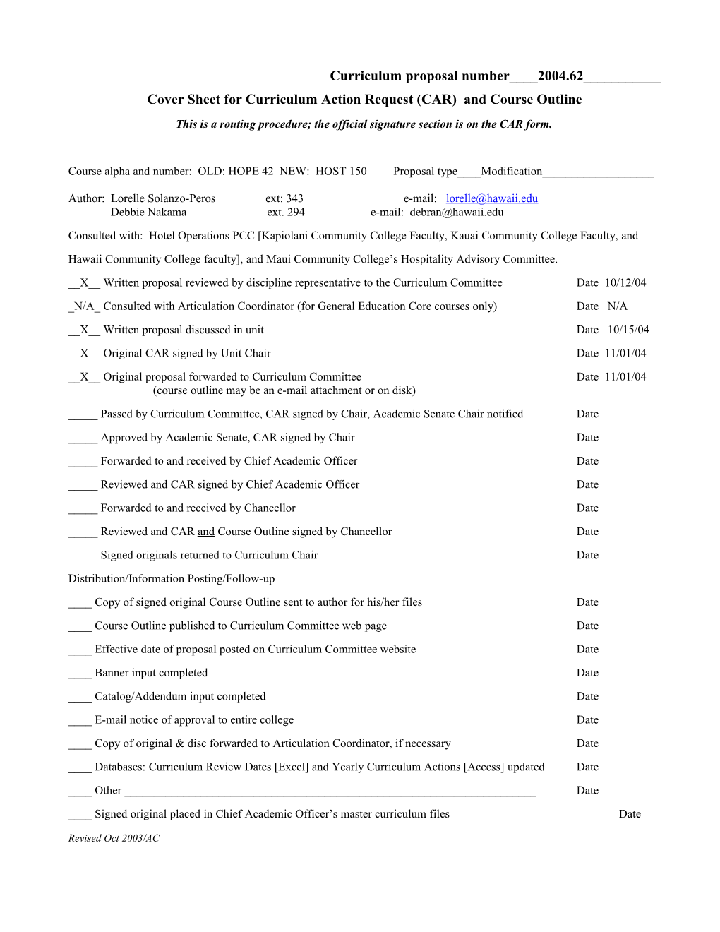 Curriculum Action Request (CAR) (Form 4-93) - Maui Community College