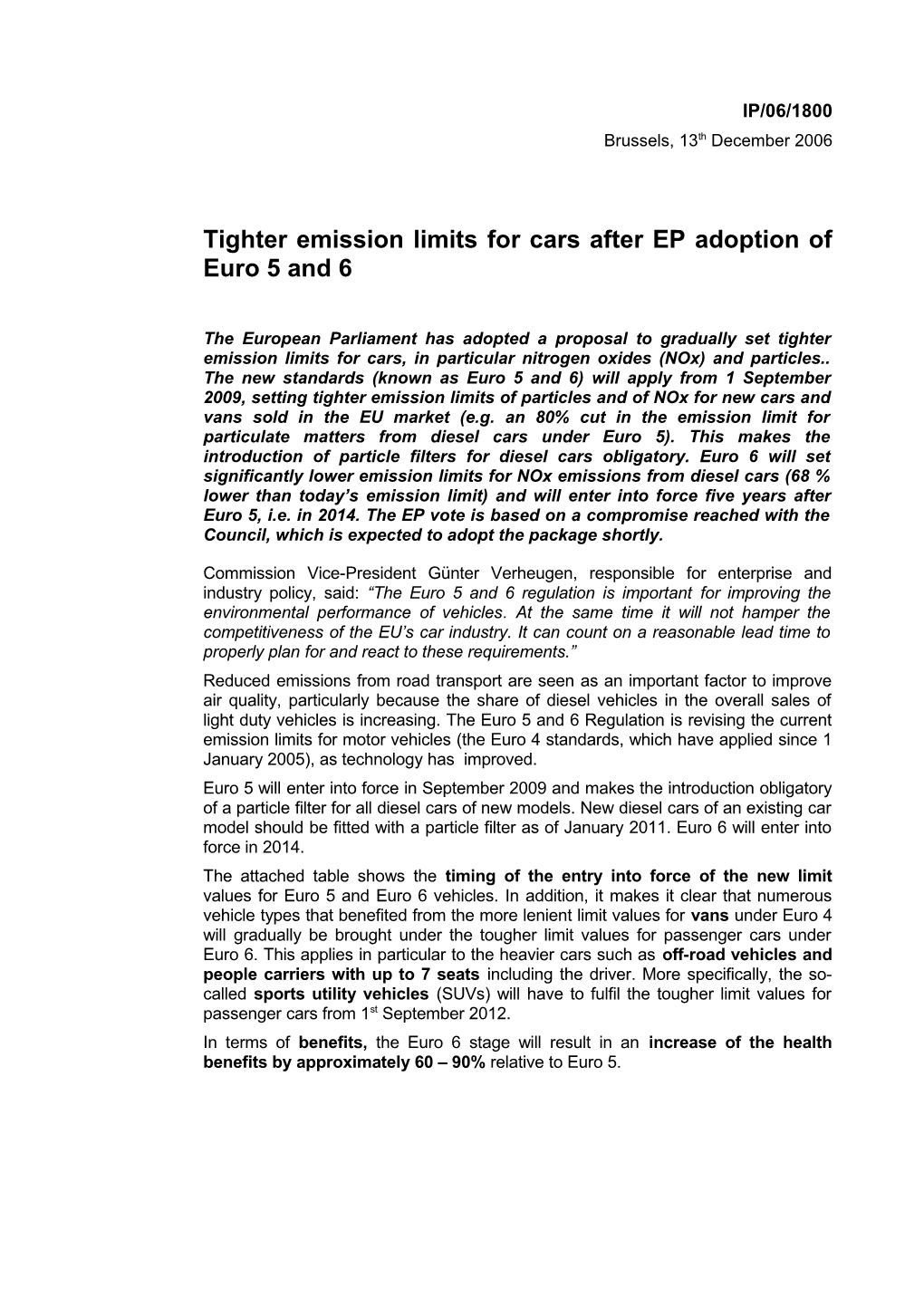 Tighter Emission Limits for Cars After EP Adoption of Euro 5 and 6