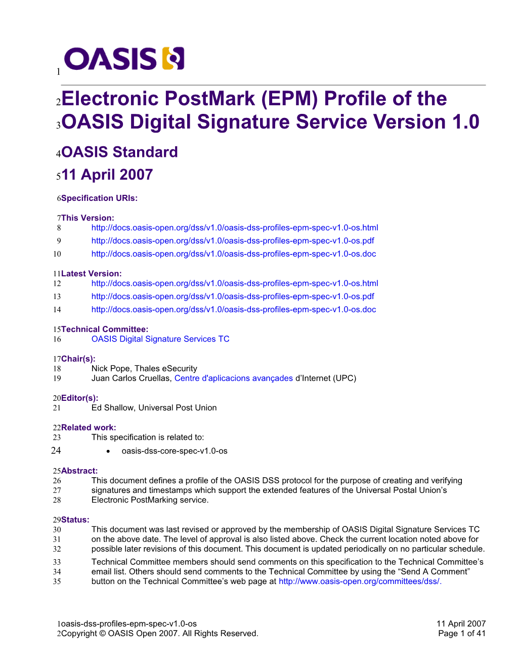 Electronic Postmark (EPM) Profile of the OASIS Digital Signature Service Version 1.0