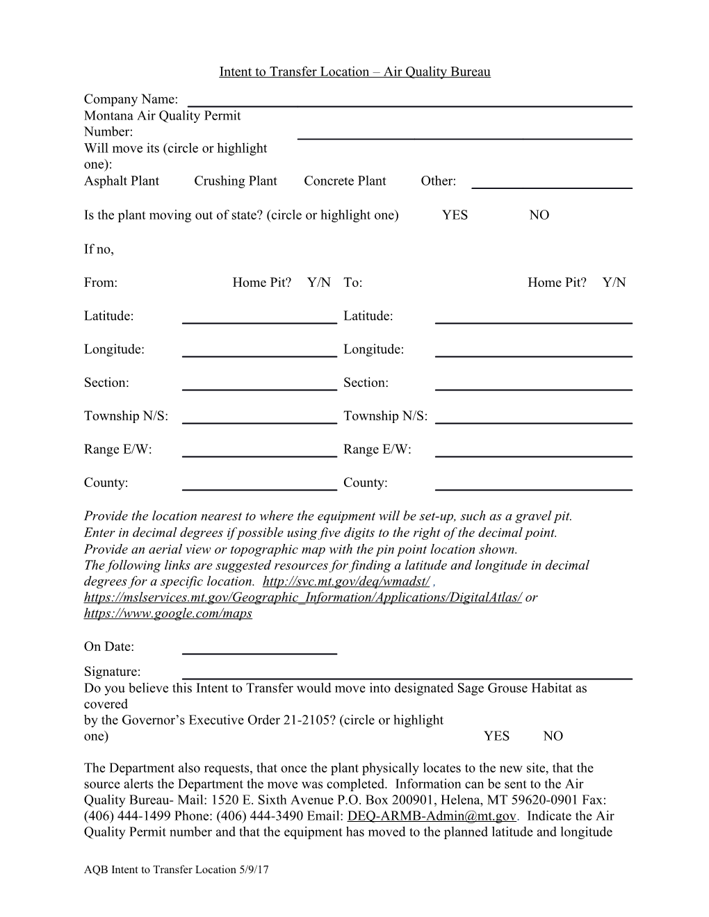 Intent to Transfer Location Air Quality Bureau