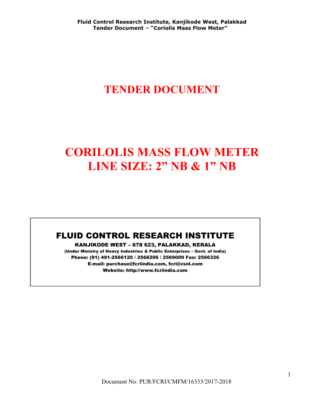 Tender Document Coriolis Mass Flow Meter