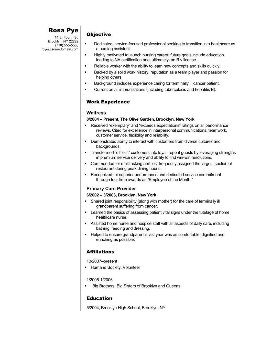 Sample Resume For A Nursing Assistant