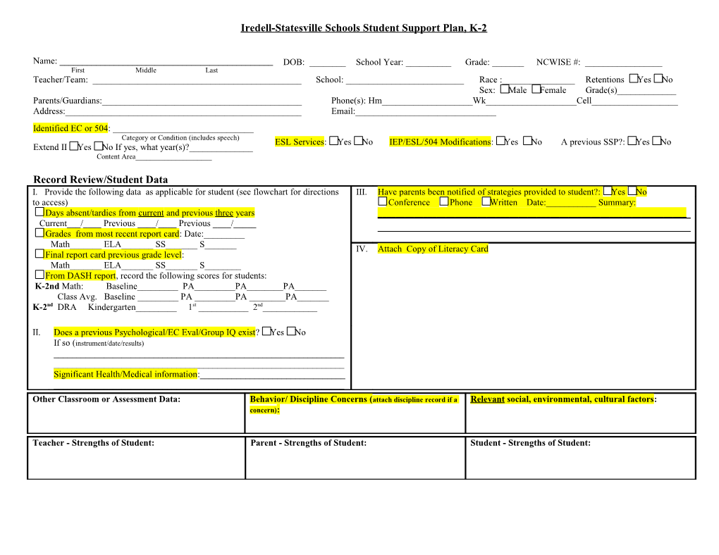 Iredell-Statesville Schools Student Support Plan, K-2