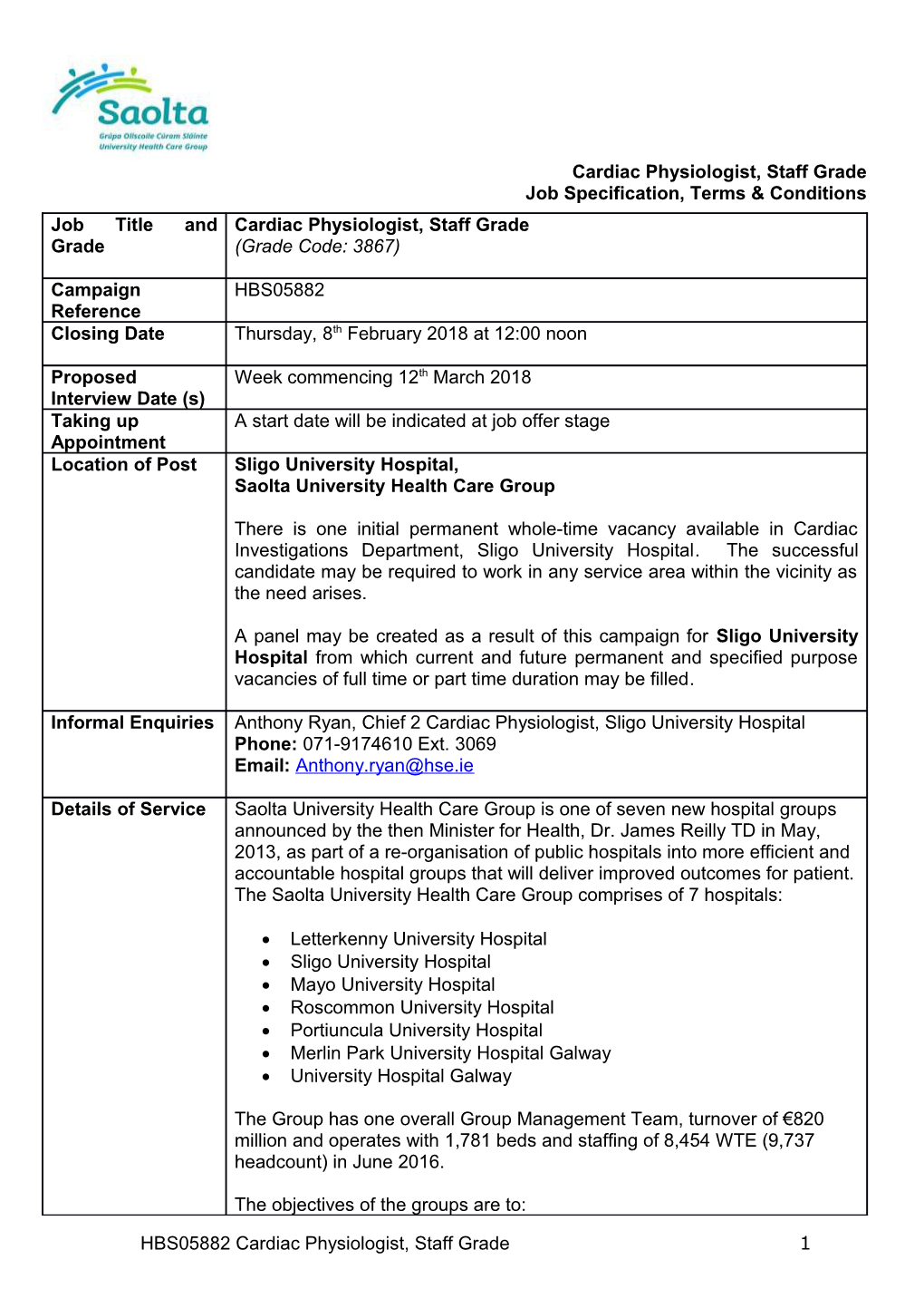 Cardiac Physiologist, Staff Grade s1