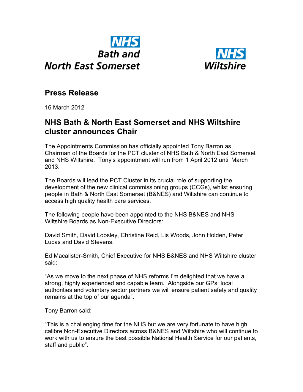 NHS Bath & North East Somerset and NHS Wiltshire Cluster Announces Chair