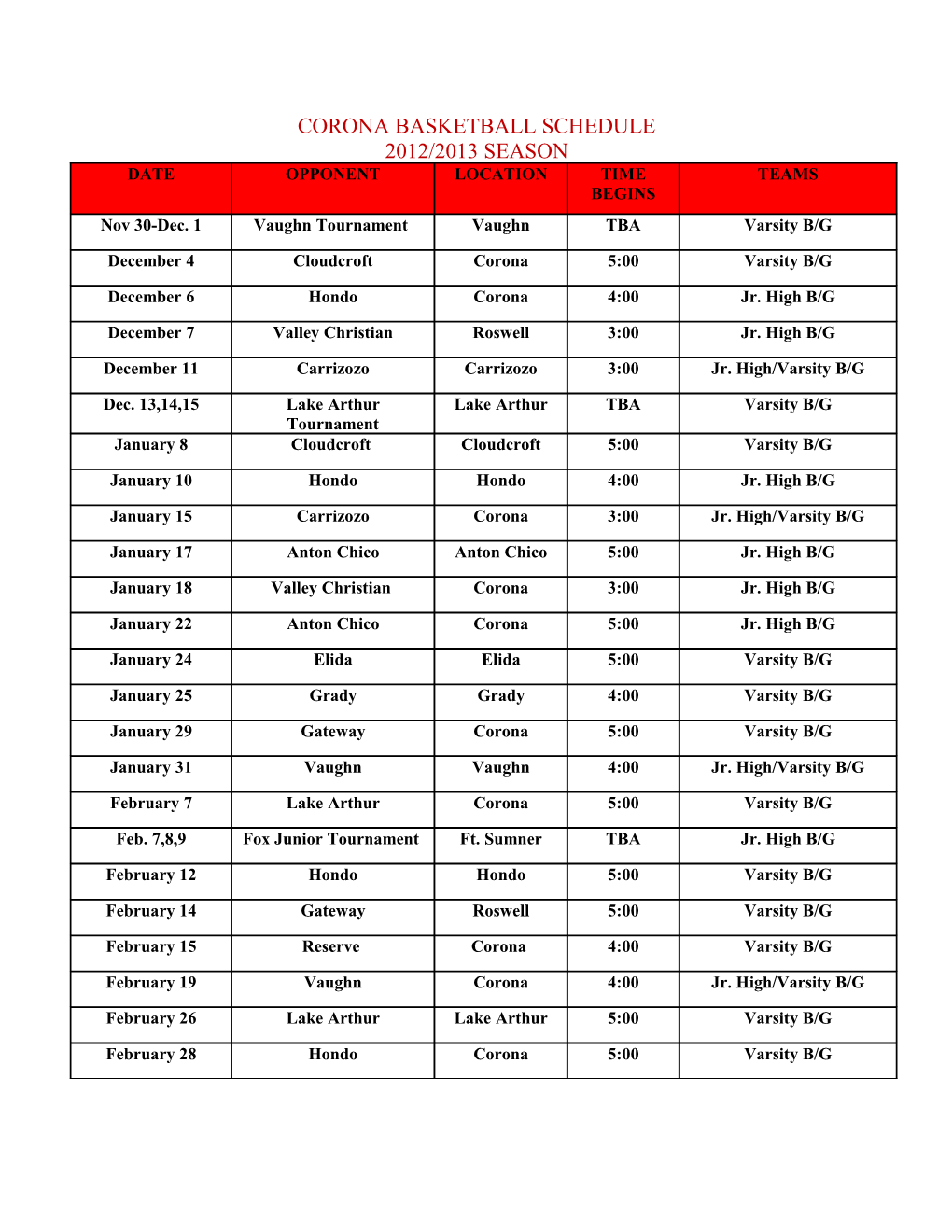 Corona Basketball Schedule