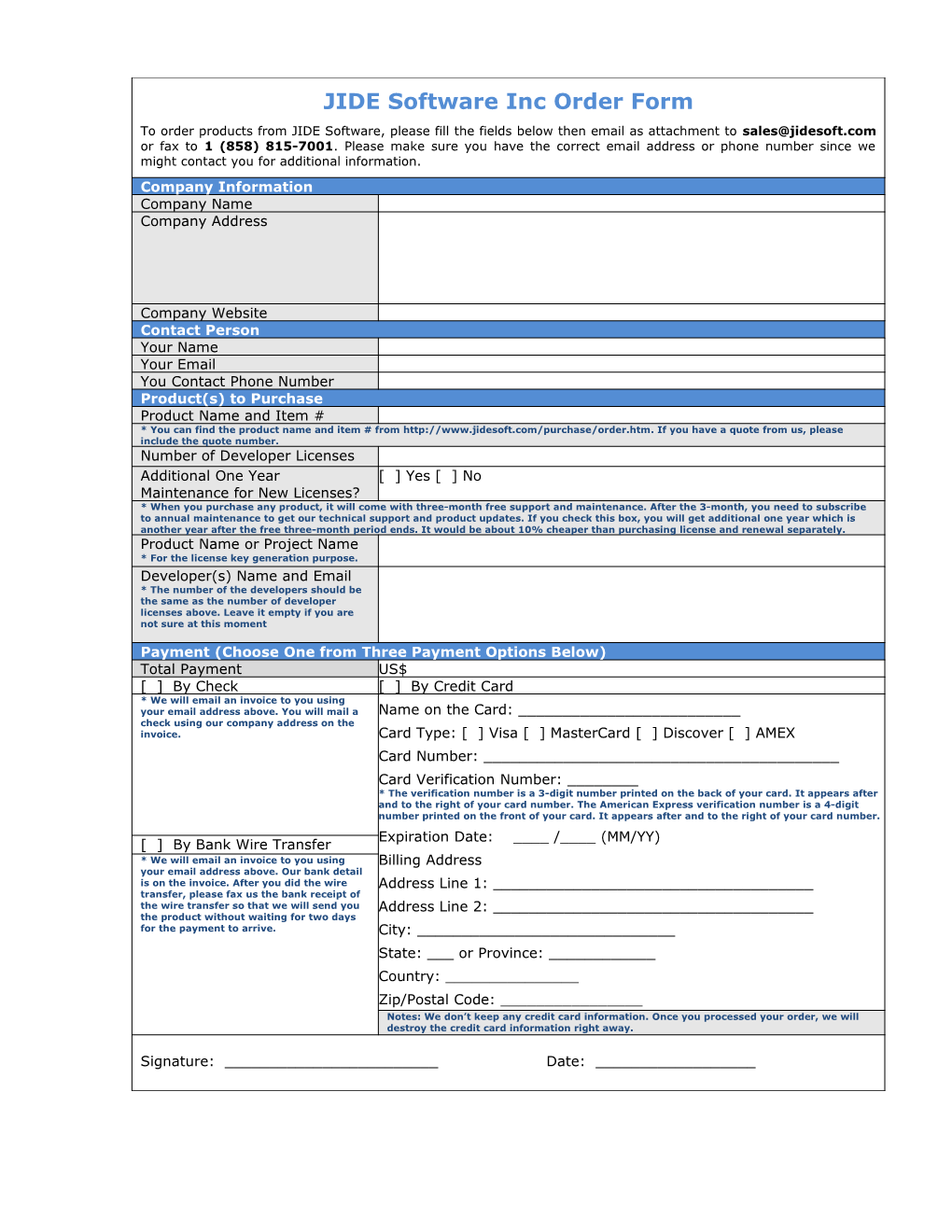 JIDE Software Inc Order Form