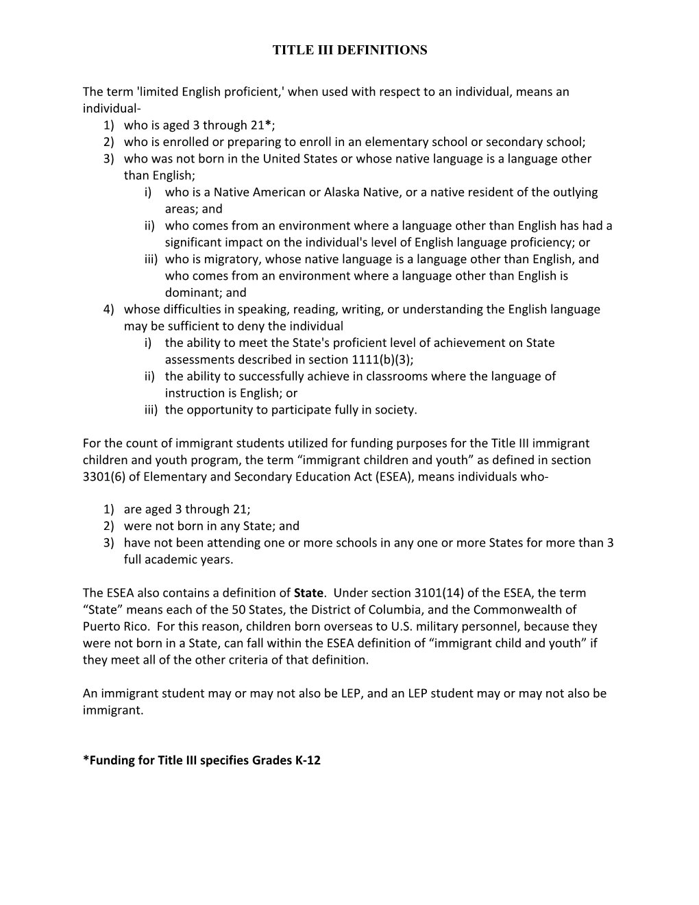 Defination Document for Title III Declaration of Participation