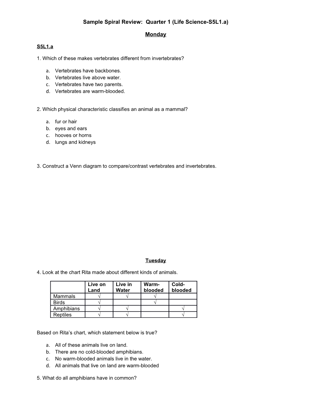 Sample Spiral Review: Quarter 1 (Life Science-S5L1.A)