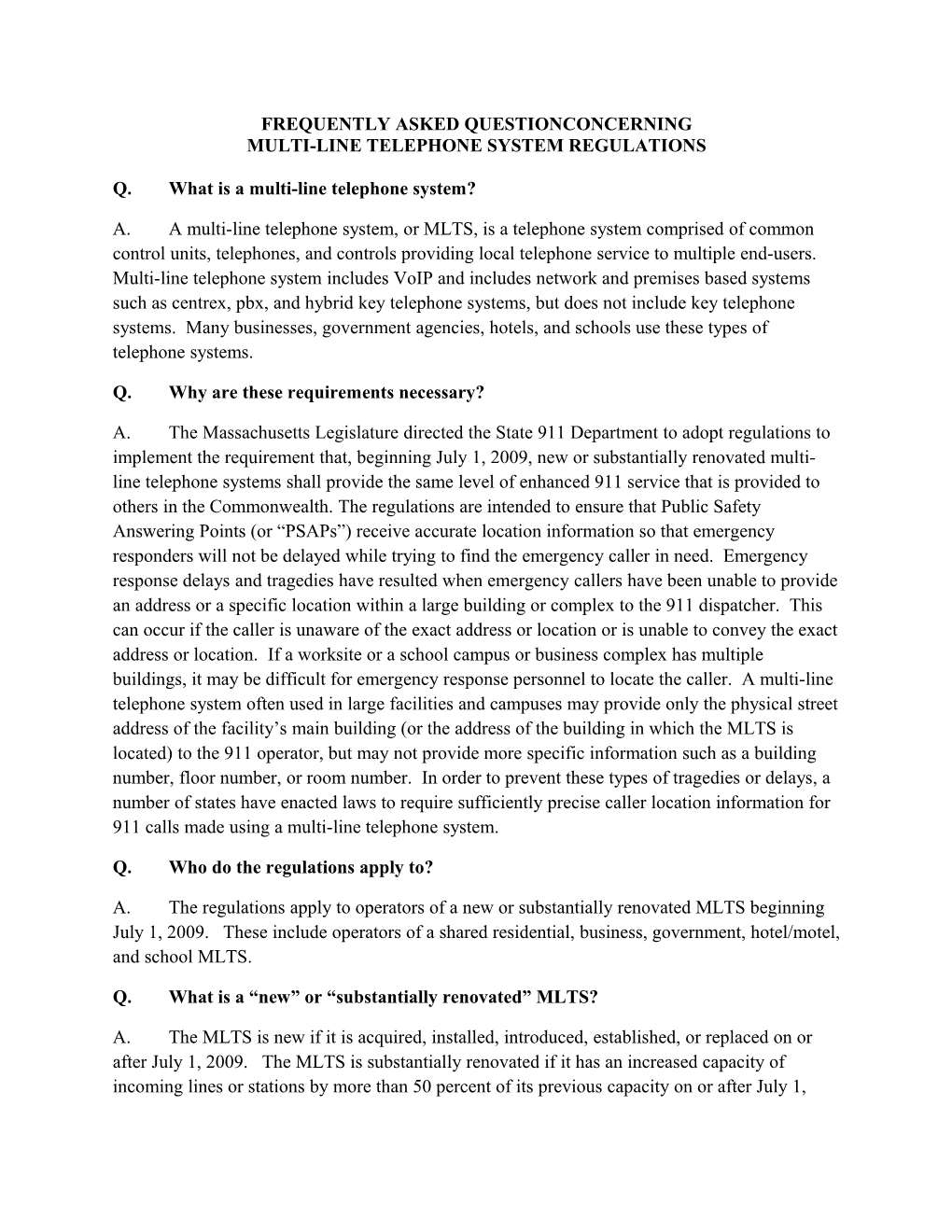 Multi-Line Telephone System Regulations