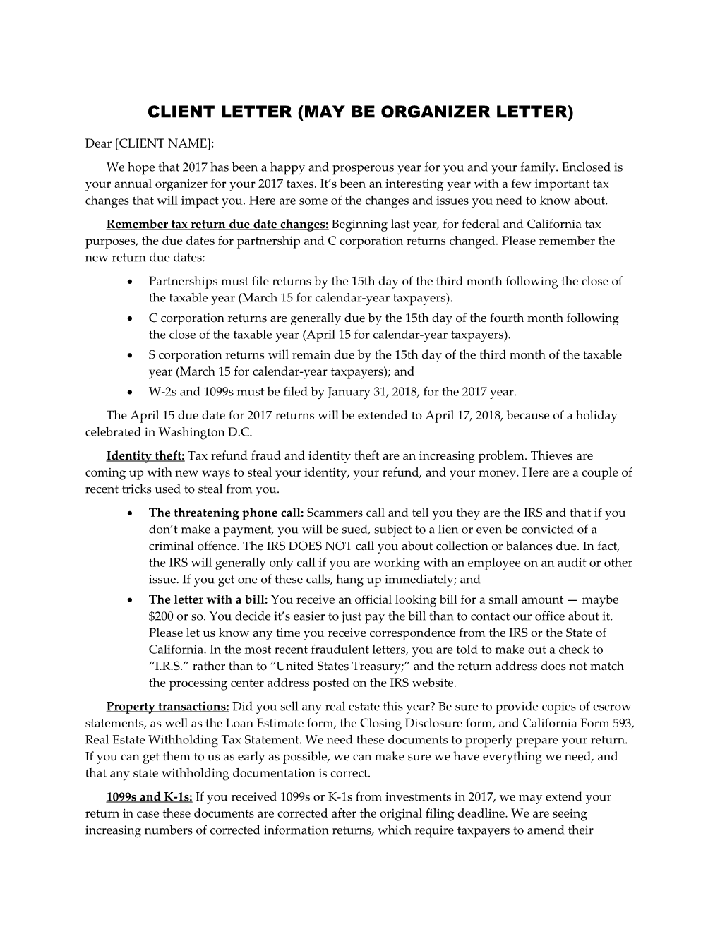 Client Letter (May Be Organizer Letter)