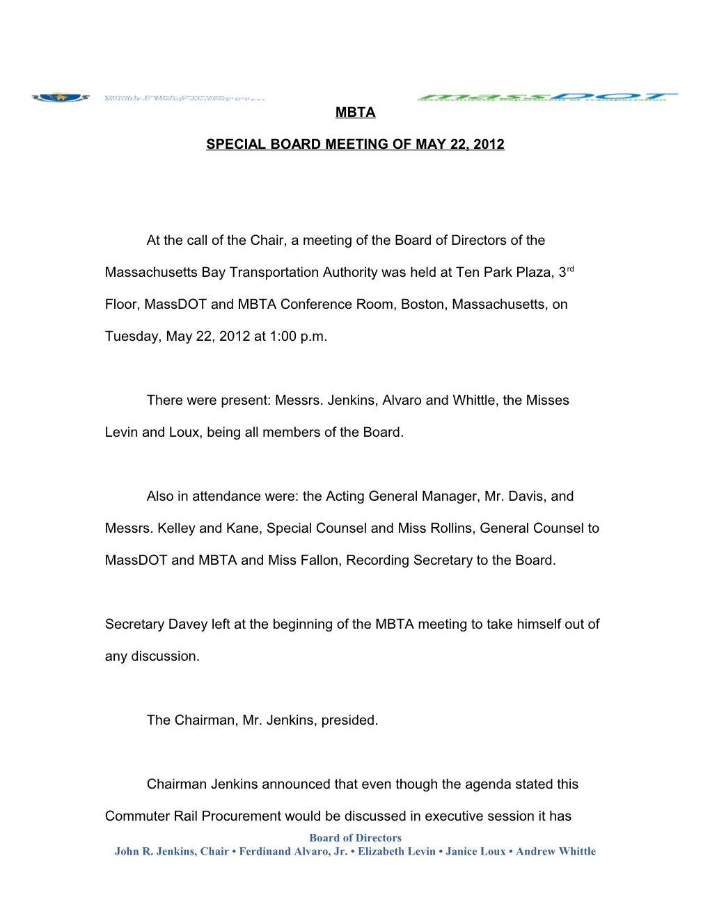 Special Board Meeting of May 22, 2012