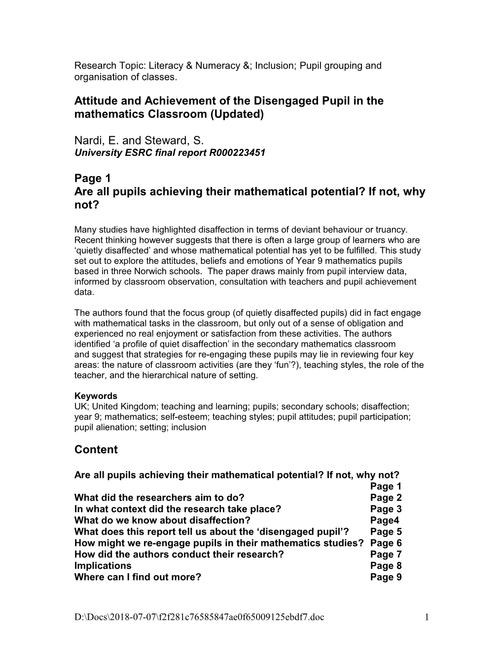 Attitude and Achievement of the Disengaged Pupil in the Mathematics Classroom