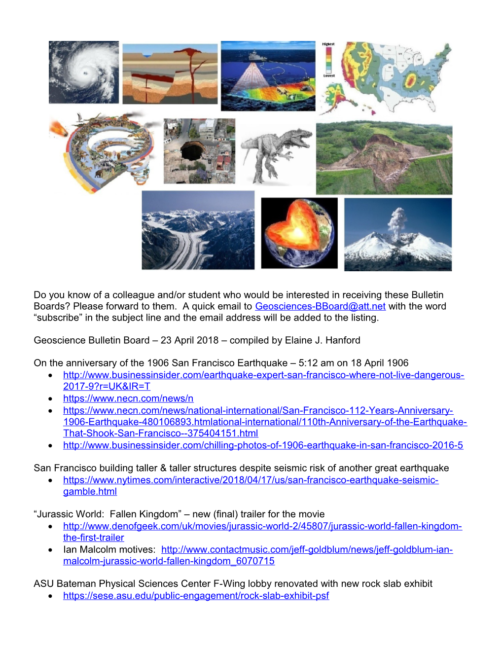 Geoscience Bulletin Board 23 April 2018 Compiled by Elaine J. Hanford