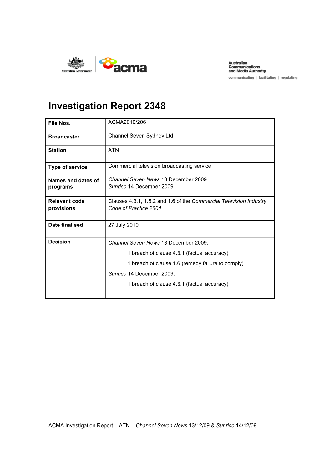 ATN (Ch 7 Sydney) - ACMA Investigation Report 2348