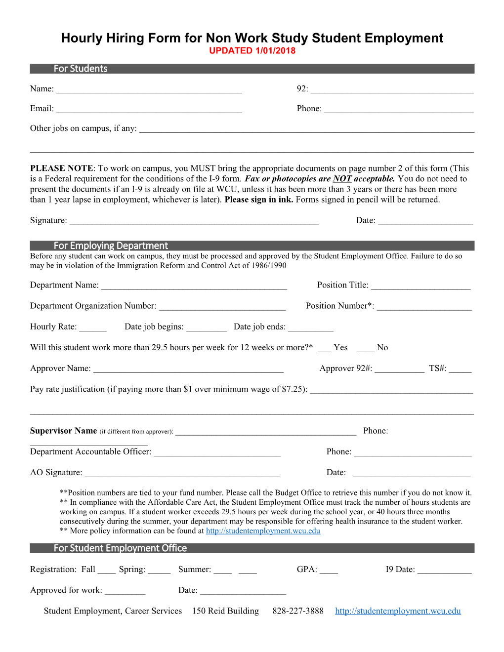 Hourly Hiring Form for Non Work Study Student Employment