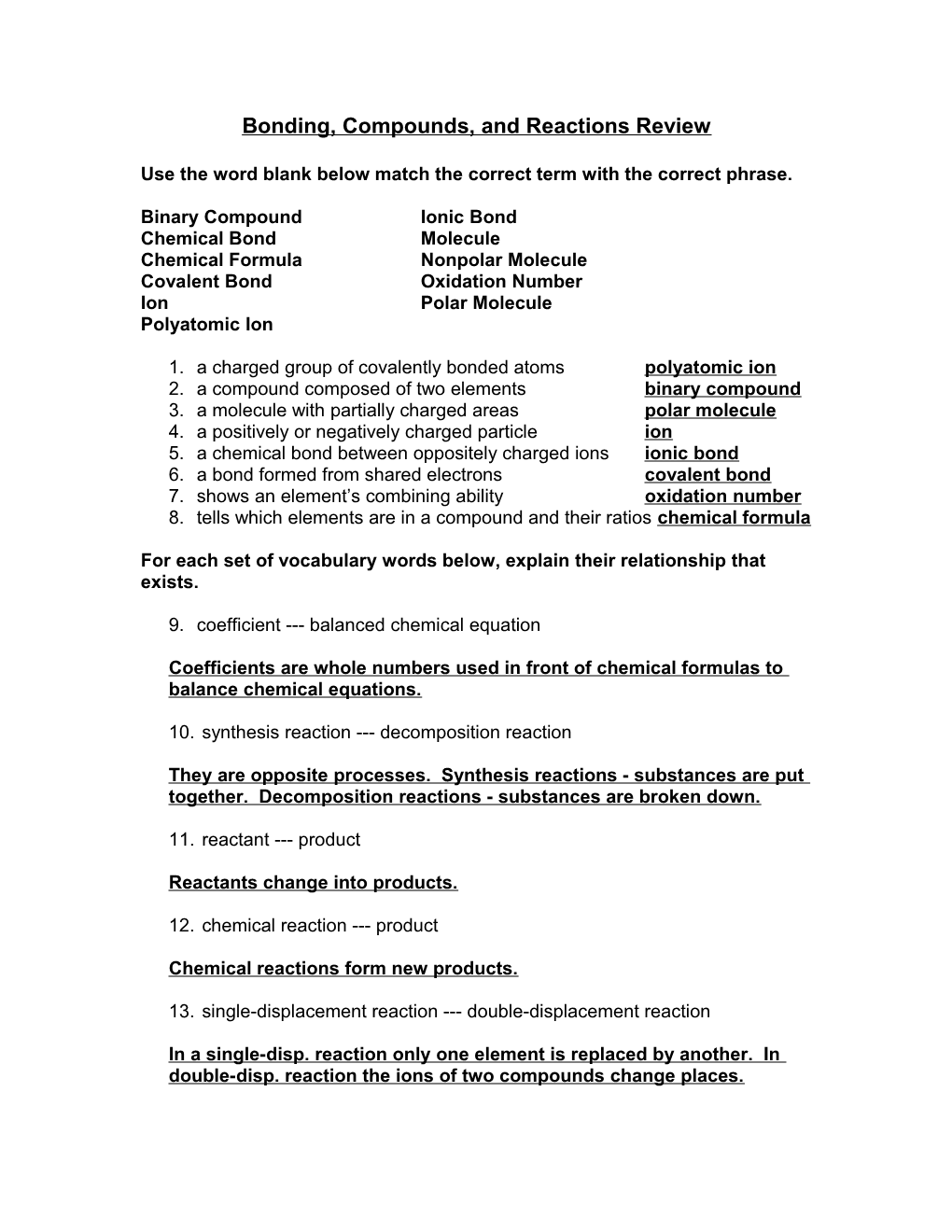 Bonding, Compounds, and Reactions Review